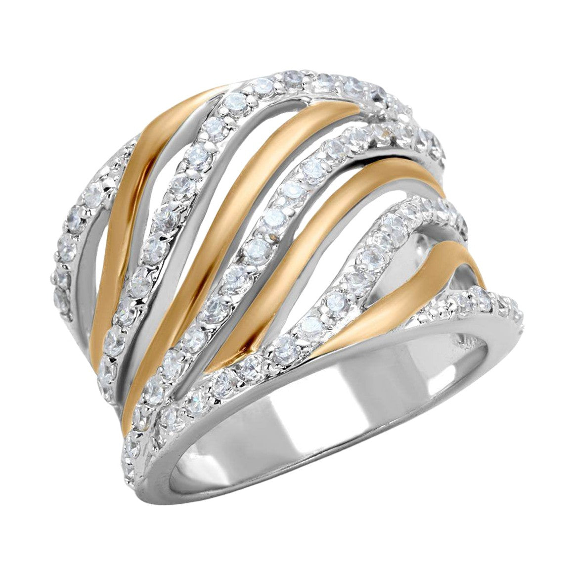 Stylish crystal accented rose gold ring with unique wave design and sparkling accents