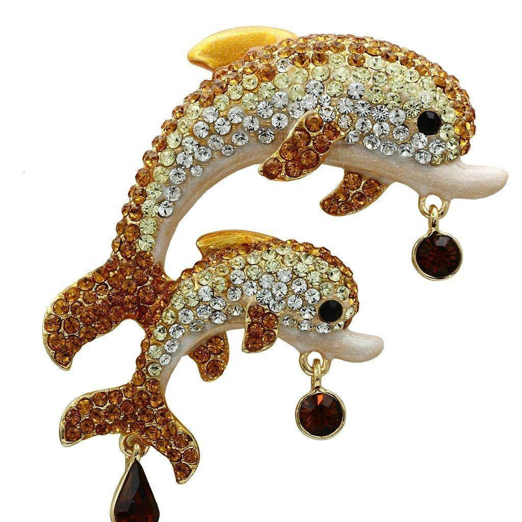 Crystal dolphin jewelry pin featuring two dolphins adorned with sparkling crystals and teardrop accents