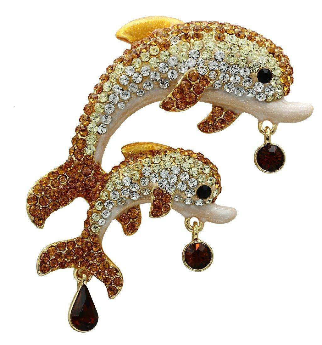 Crystal dolphin jewelry pin featuring two dolphins adorned with sparkling crystals and teardrop accents