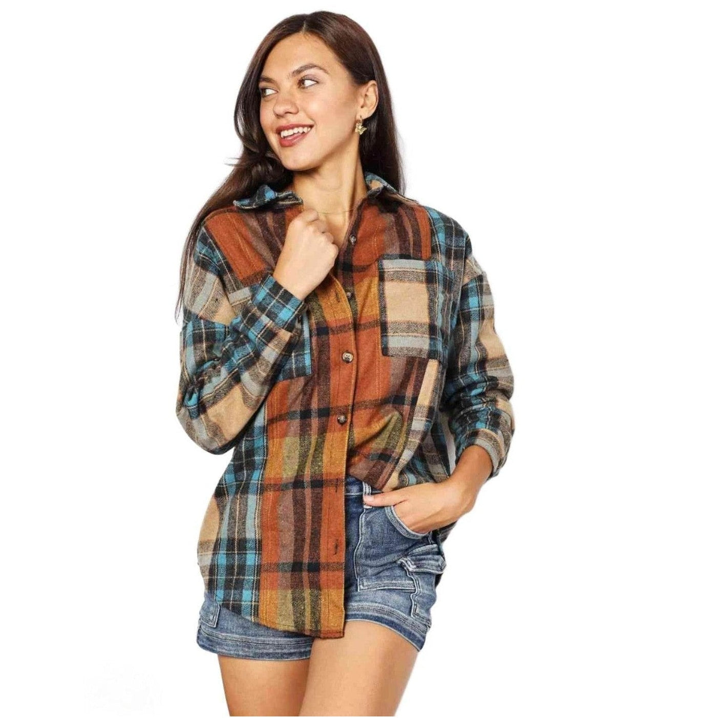Trendsi women's curved hem plaid shacket in warm colors with button-down style and long sleeves