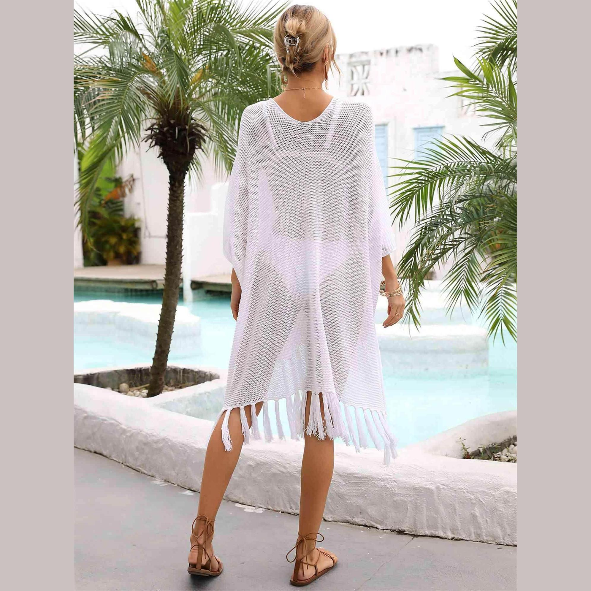 Fringe Trim Dolman Sleeve Openwork Cover-Up - VacationGrabs