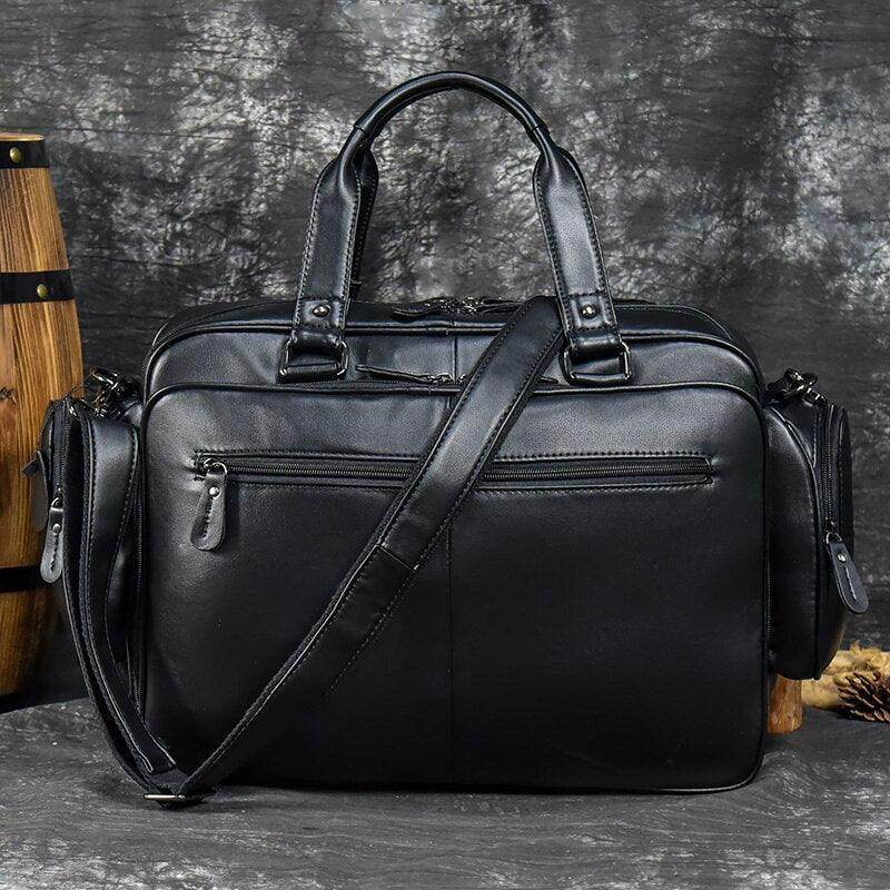VacationGrabs designer leather laptop briefcase with dual handles and adjustable shoulder strap