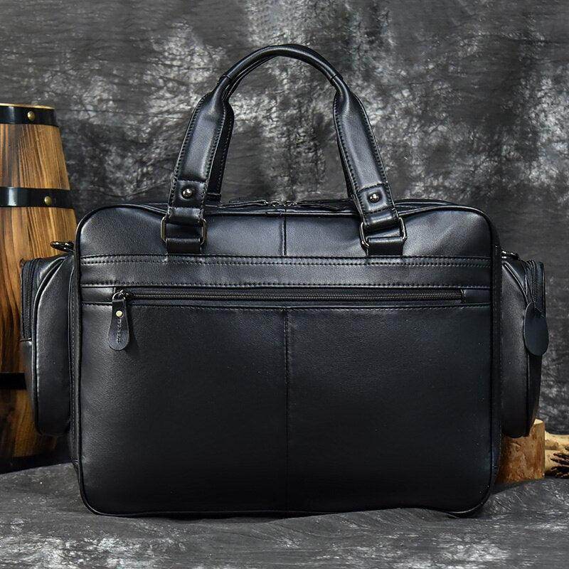 Elegant designer leather laptop briefcase with dual handles and exterior zipper pockets