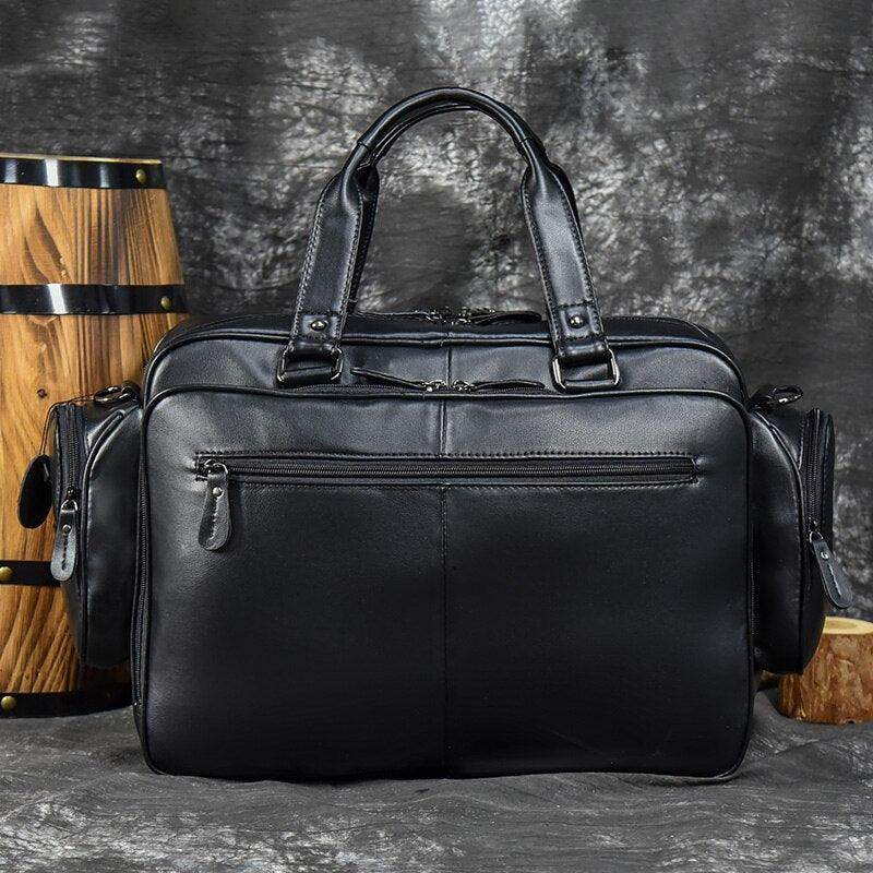 Designer leather laptop briefcase in black with multiple pockets for organized storage