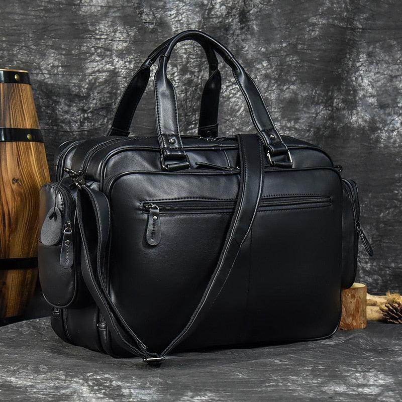 Stylish designer leather laptop briefcase with multiple pockets and adjustable shoulder strap