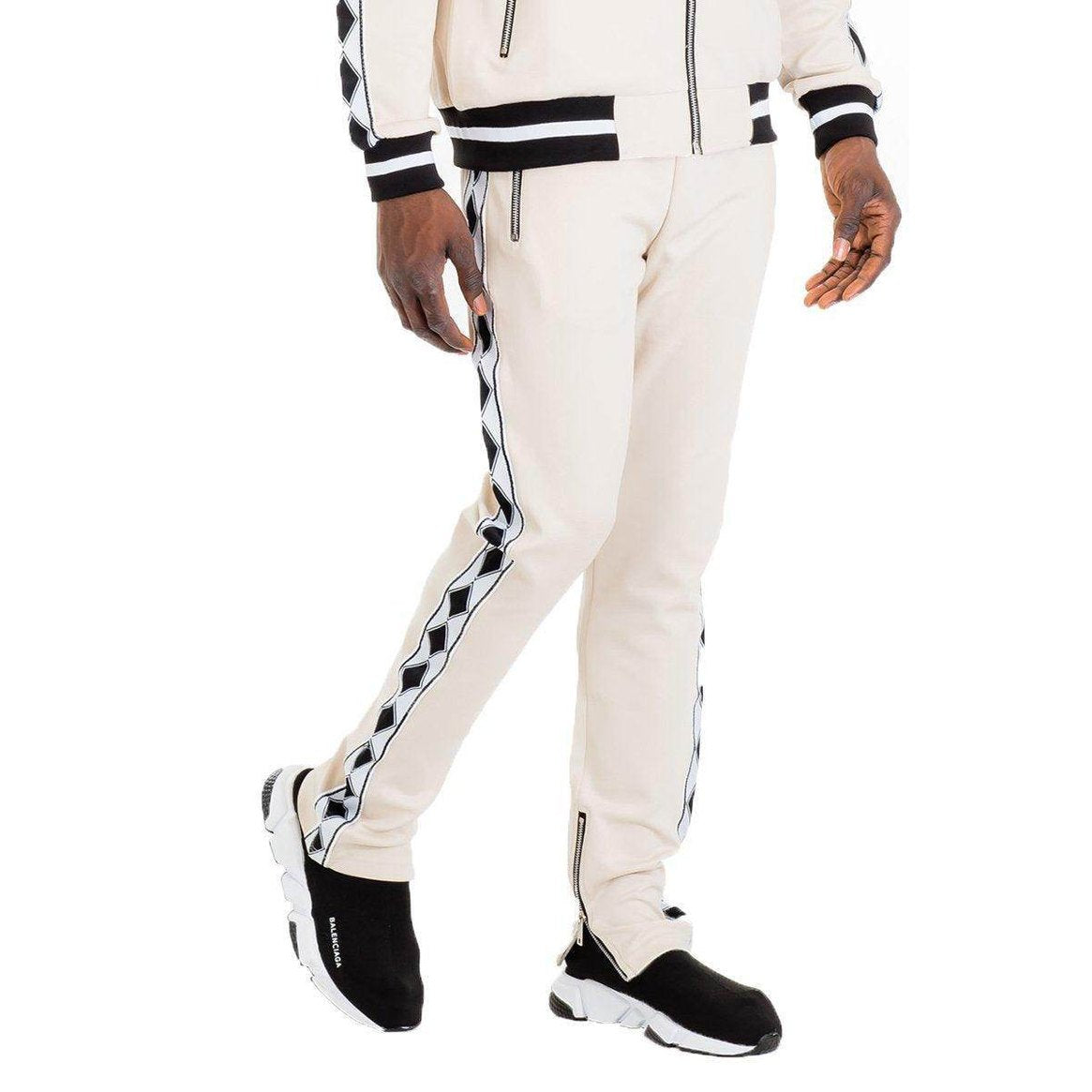 Men's WEIV diamond tape joggers in cream color with stylish side stripes