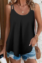 Women's black double strap summer cami top for casual wear, styled with denim shorts