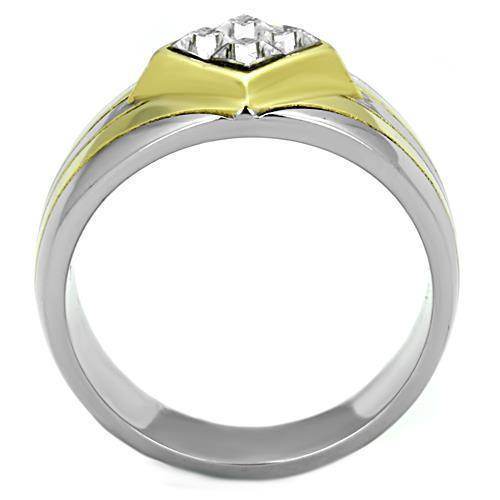 Men's double stripe stainless steel jewelry ring featuring a gold accent and clear cubic zirconia gems
