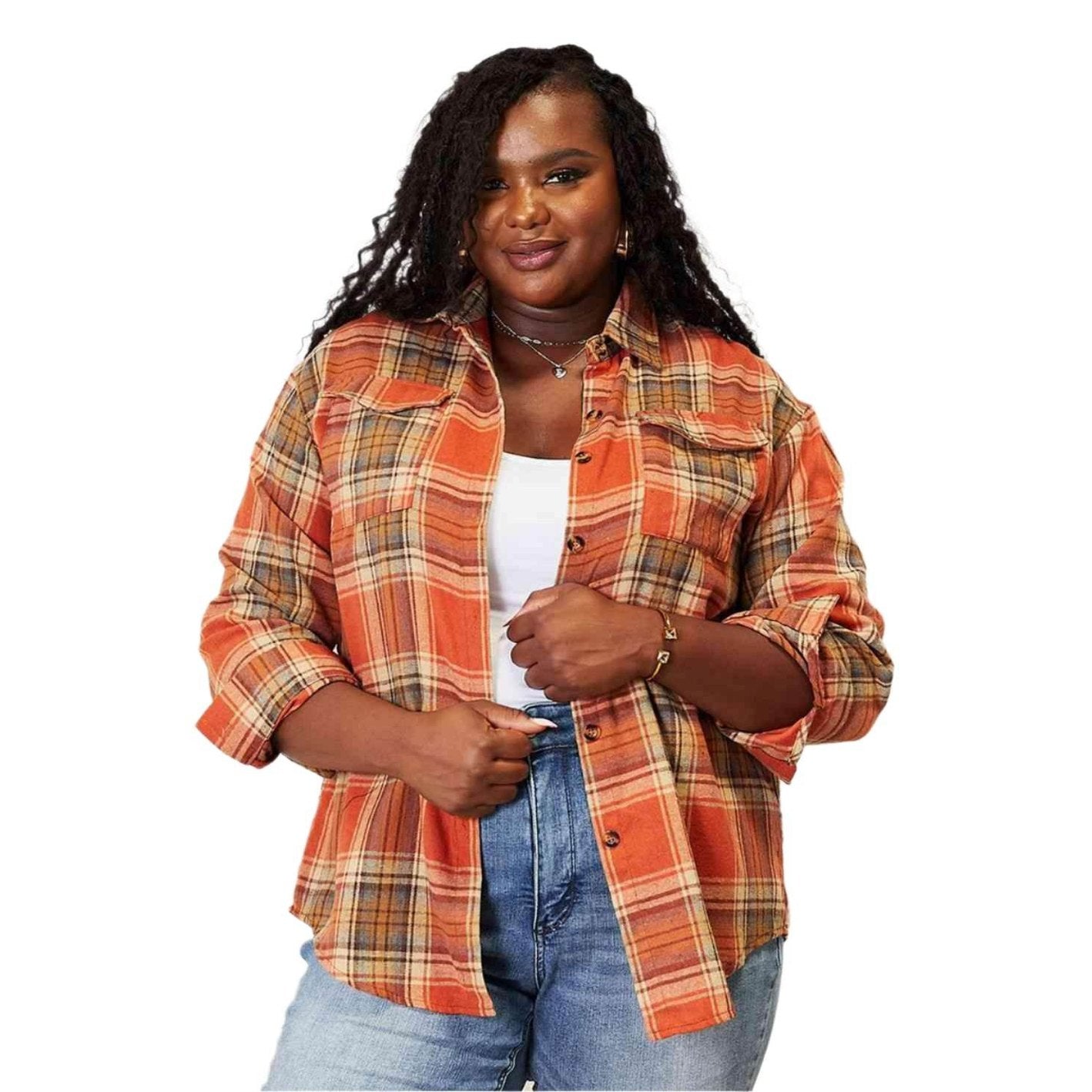 Double Take Plaid Dropped Shoulder Shirt - VacationGrabs