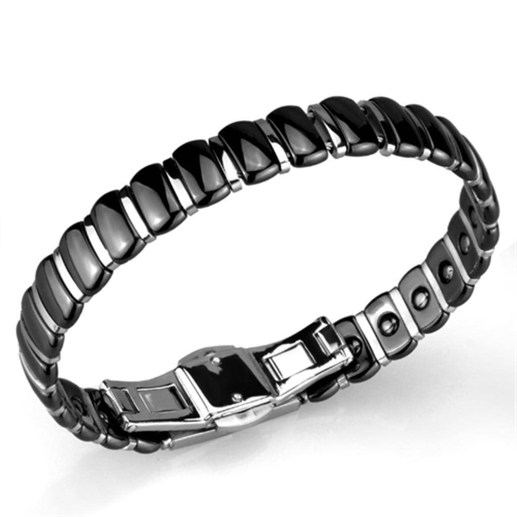 Durable women's stainless steel bracelet with a sleek black design and secure clasp