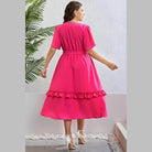 Trendsi Elegant Frill Trim Midi Dress in vibrant pink with a stylish sash and frilled hem