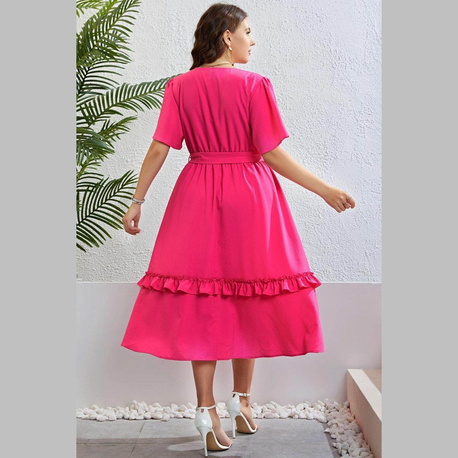 Trendsi Elegant Frill Trim Midi Dress in vibrant pink with a stylish sash and frilled hem
