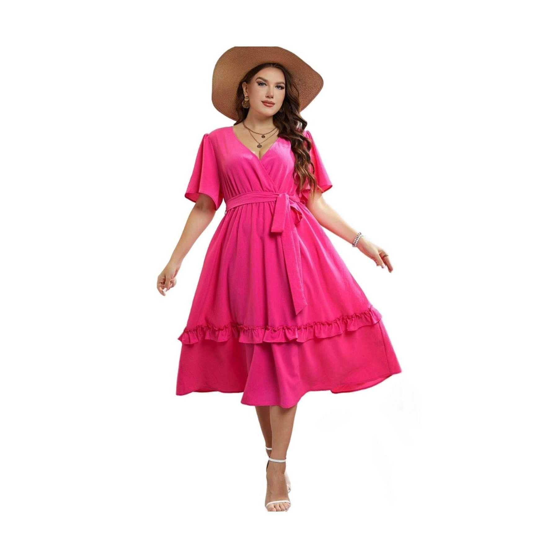 Trendsi Elegant Frill Trim Midi Dress in pink with wrap styling and flared sleeves