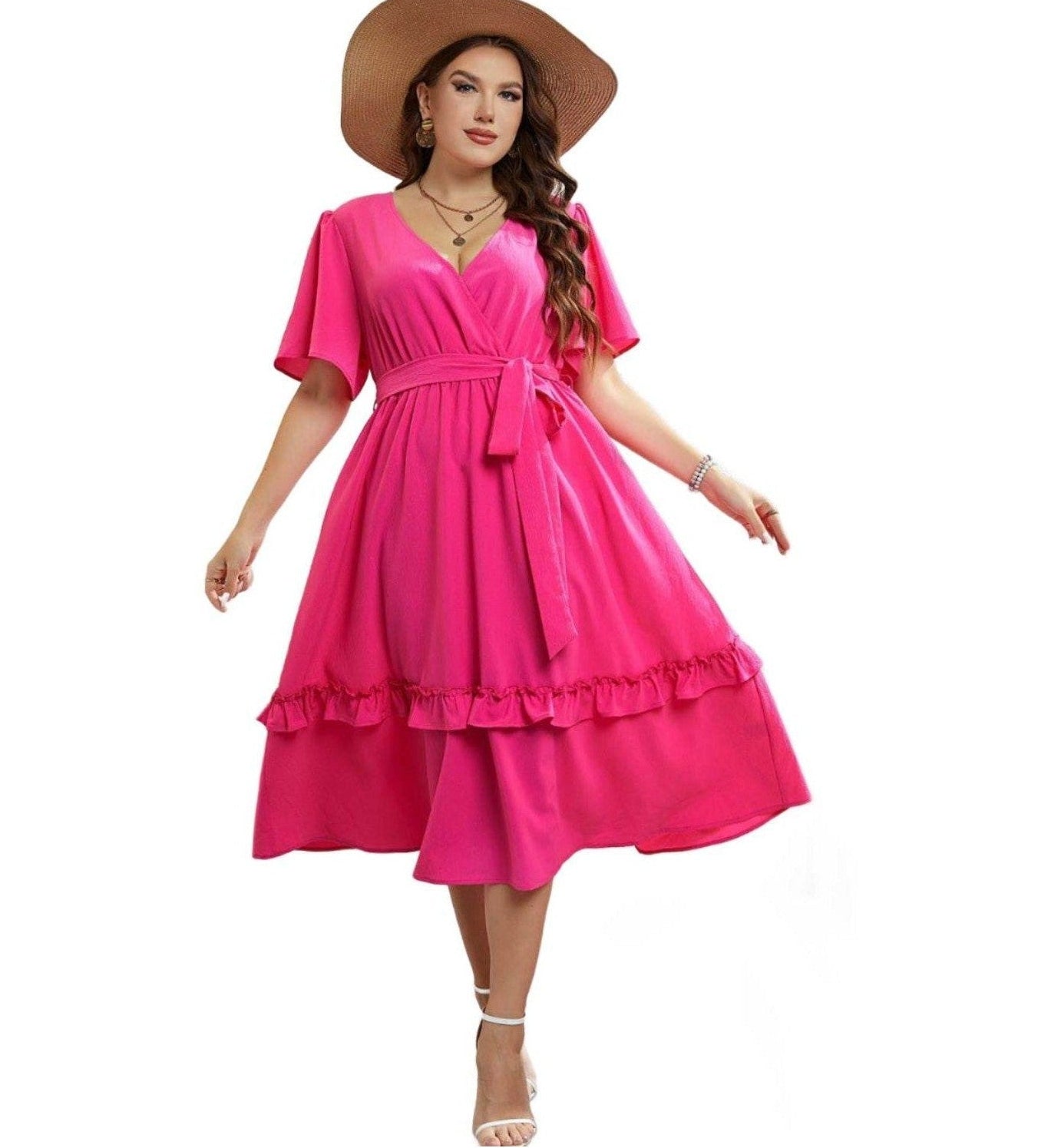 Trendsi Elegant Frill Trim Midi Dress in pink with wrap styling and flared sleeves