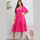 Trendsi Elegant Frill Trim Midi Dress in Pink with a flattering wrap design and flared sleeves