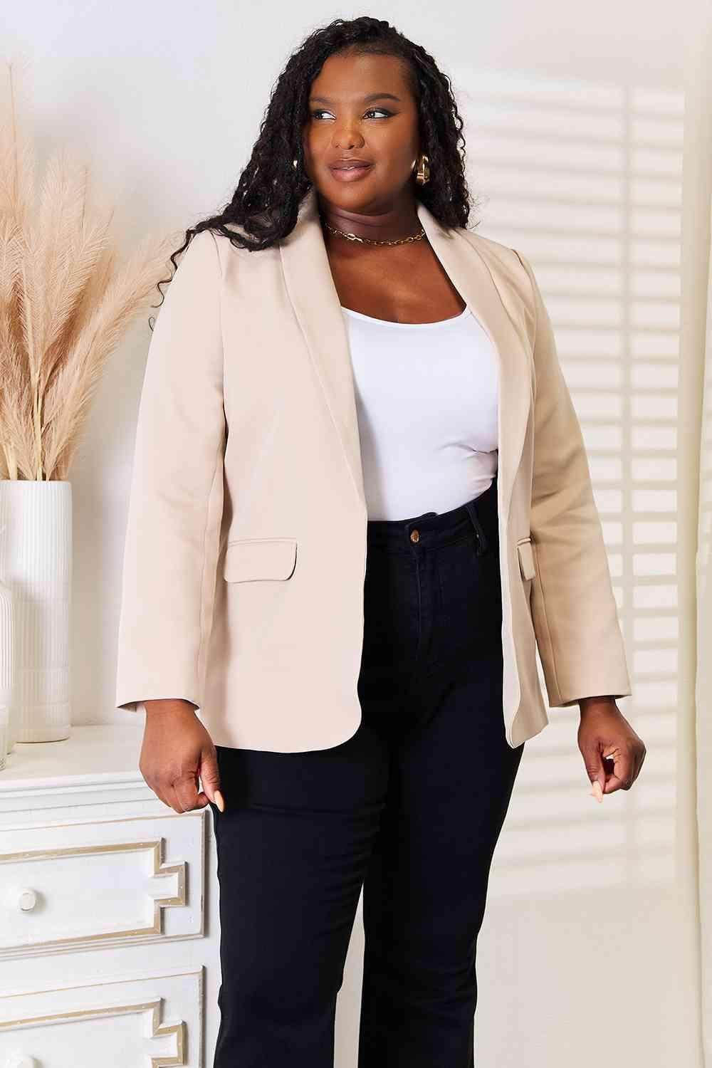 Trendsi elegant long sleeve blazer in beige styled with a white top and black pants for a chic look