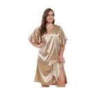 Elegant nightwear for women, featuring a champagne satin robe with flutter sleeves and side slit