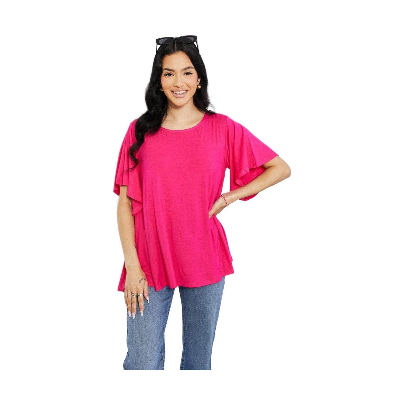 Trendsi elegant pink top with flared sleeves, perfect for casual outings or stylish layering