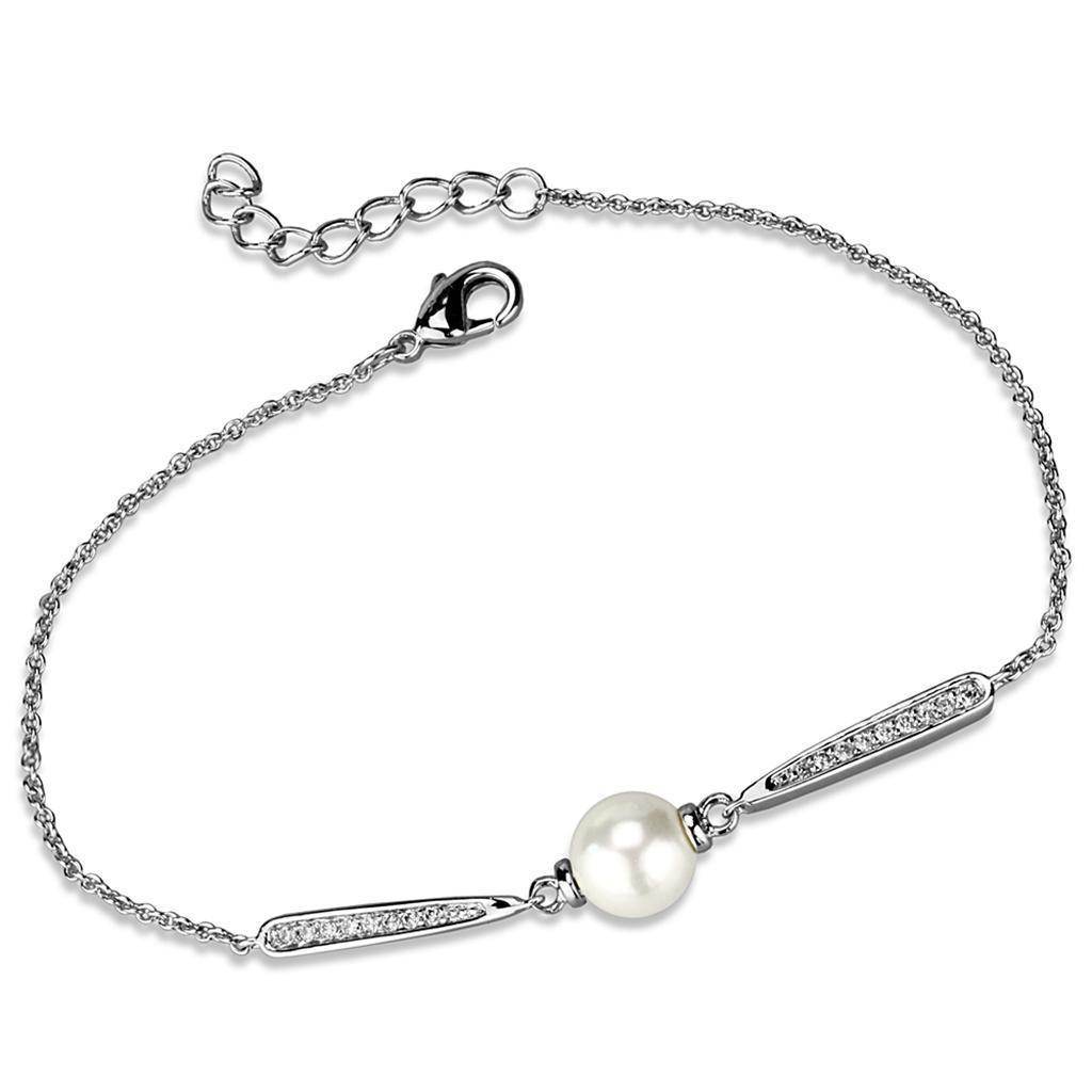 Elegant rhodium chain bracelet featuring a central pearl and sparkling accents for sophisticated style