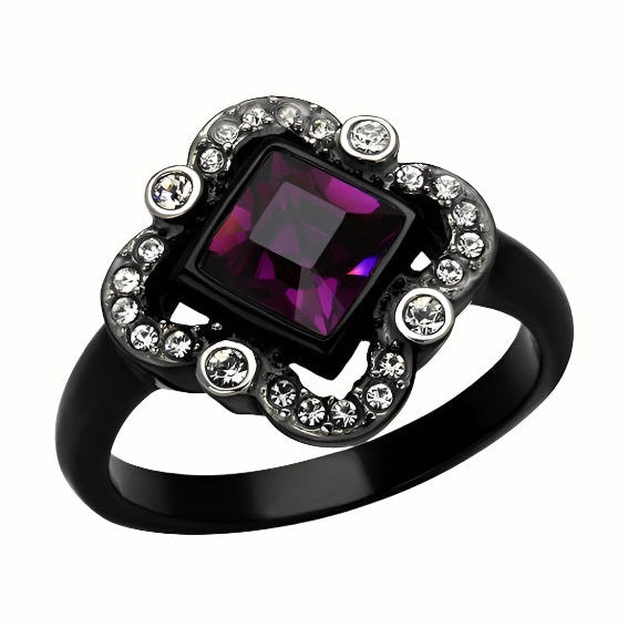 Elegant women's fashion jewelry for vacations, featuring a black ring with a purple gemstone and sparkling accents