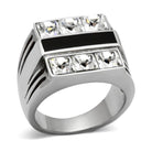 Stylish men's fashion ring for vacations featuring shiny crystals and a sleek black accent
