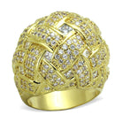 Elegant gold women's ring with intricately woven design and sparkling rhinestones for a glamorous look