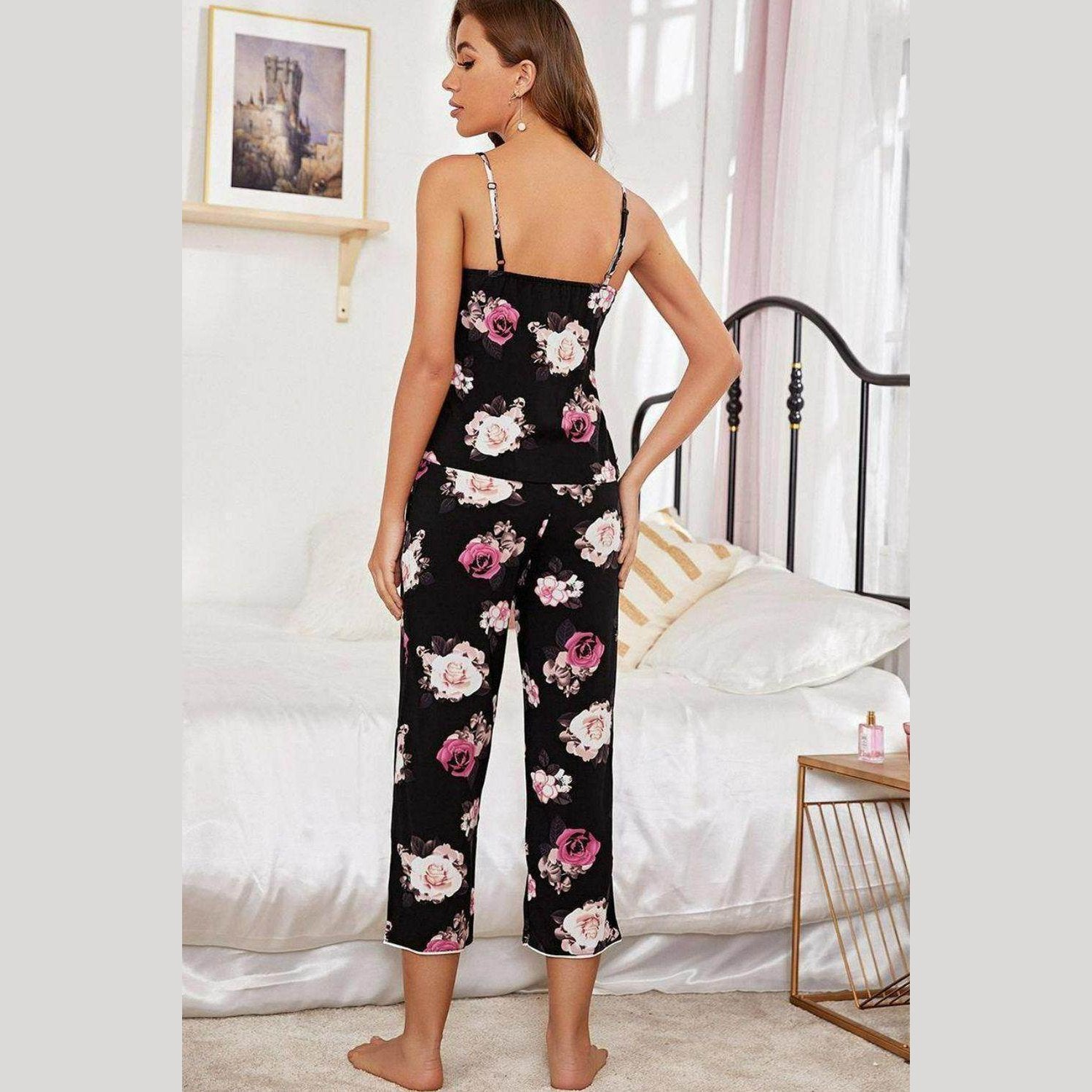 Floral lounge set for women featuring a tank top and capri pants in a black floral print