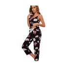 Floral lounge set for women featuring a stylish top and matching pants in black with colorful flowers