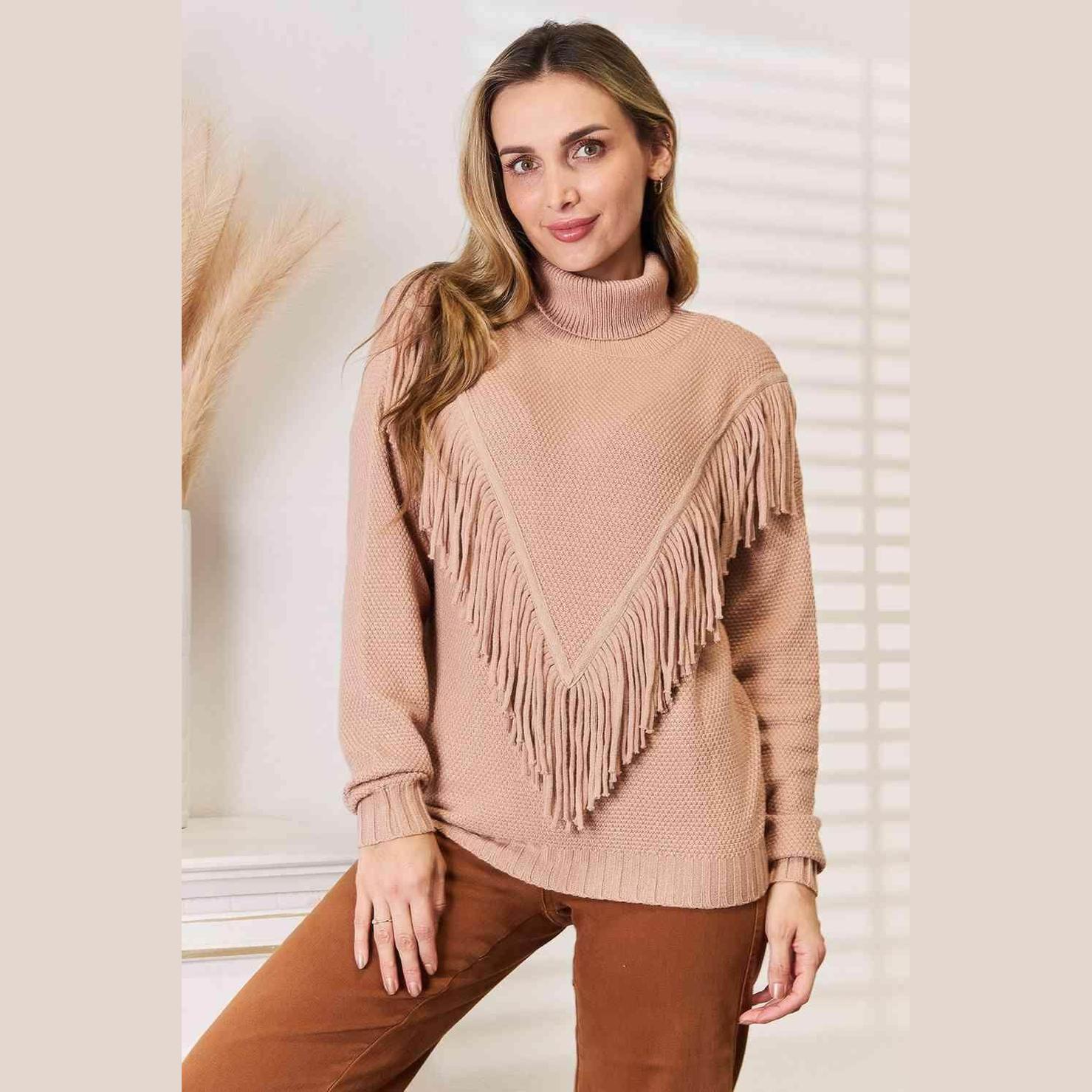 Trendsi Women's Sweater in Light Beige with Fringe Front Long Sleeve Design for Cozy Style