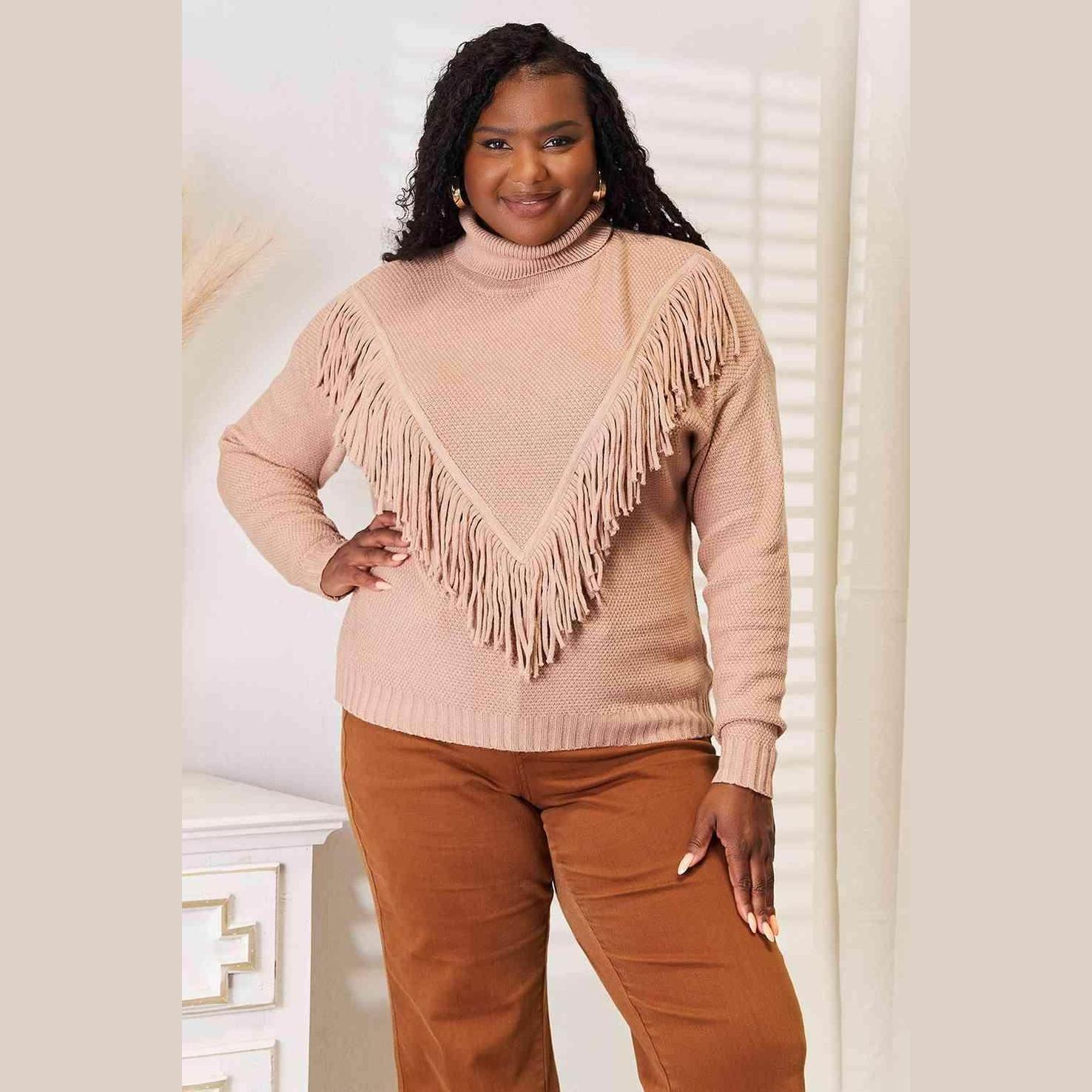 Trendsi Women's Sweater in Blush with Fringe Front Long Sleeve Design and Cozy Turtleneck