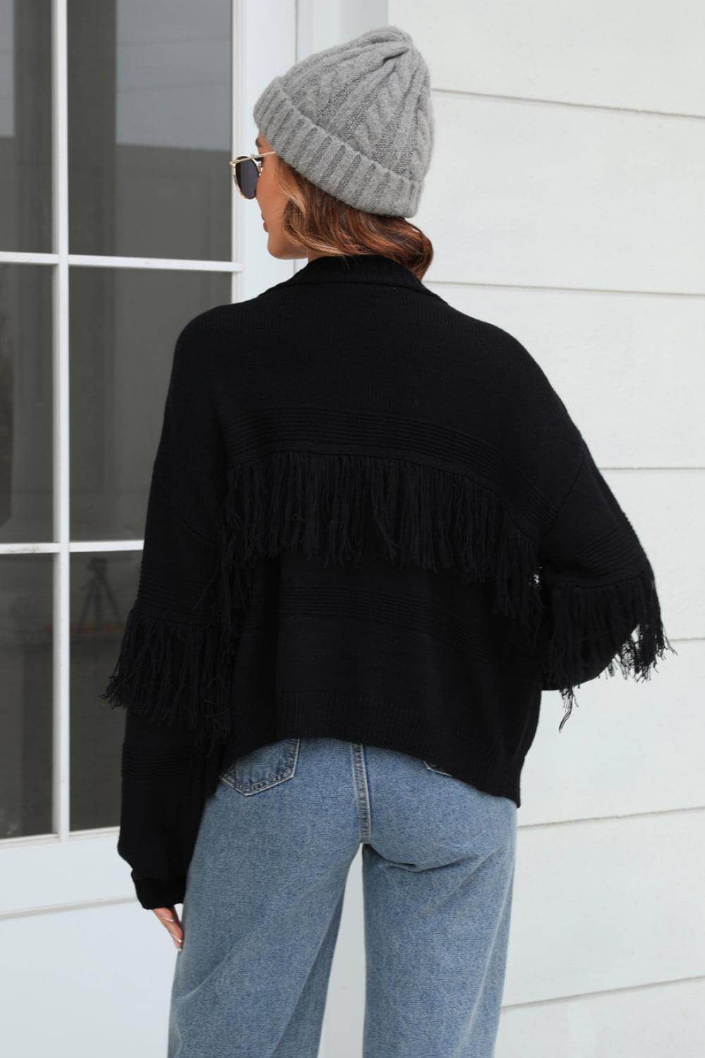 Trendsi women's black fringe trim cardigan with stylish fringe detailing on the back