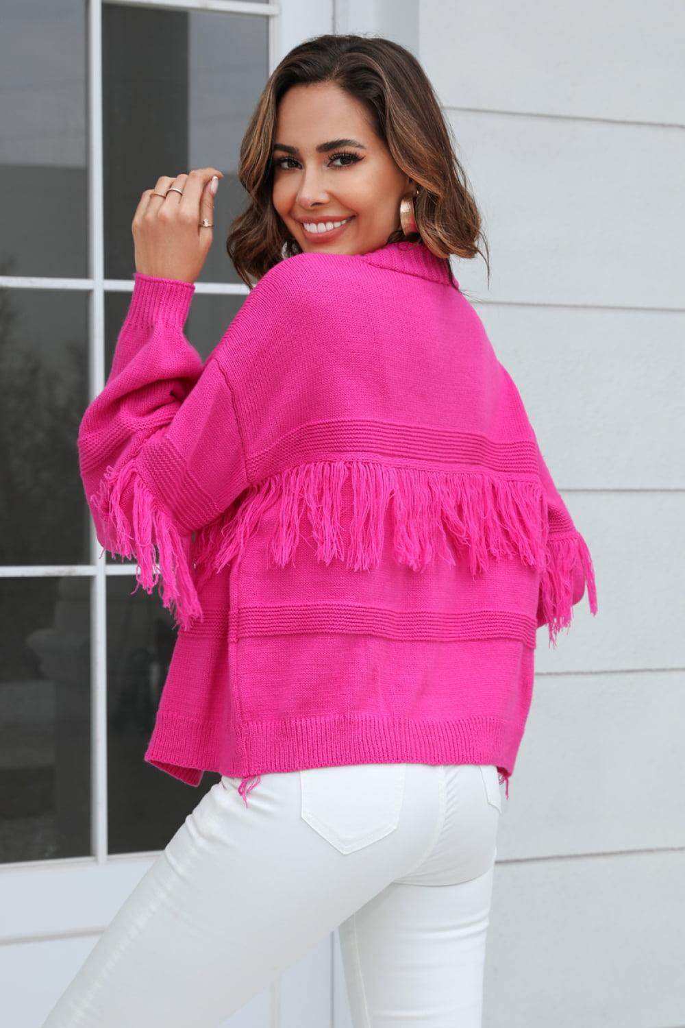 Trendsi Women's Fringe Trim Cardigan in Bright Pink with Textured Detail and Relaxed Fit