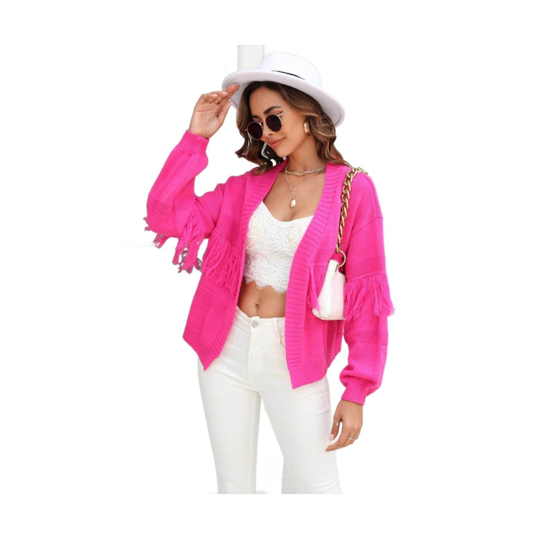 Trendsi Women's Pink Fringe Trim Cardigan with Stylish Fringe Detail for a Trendy Look
