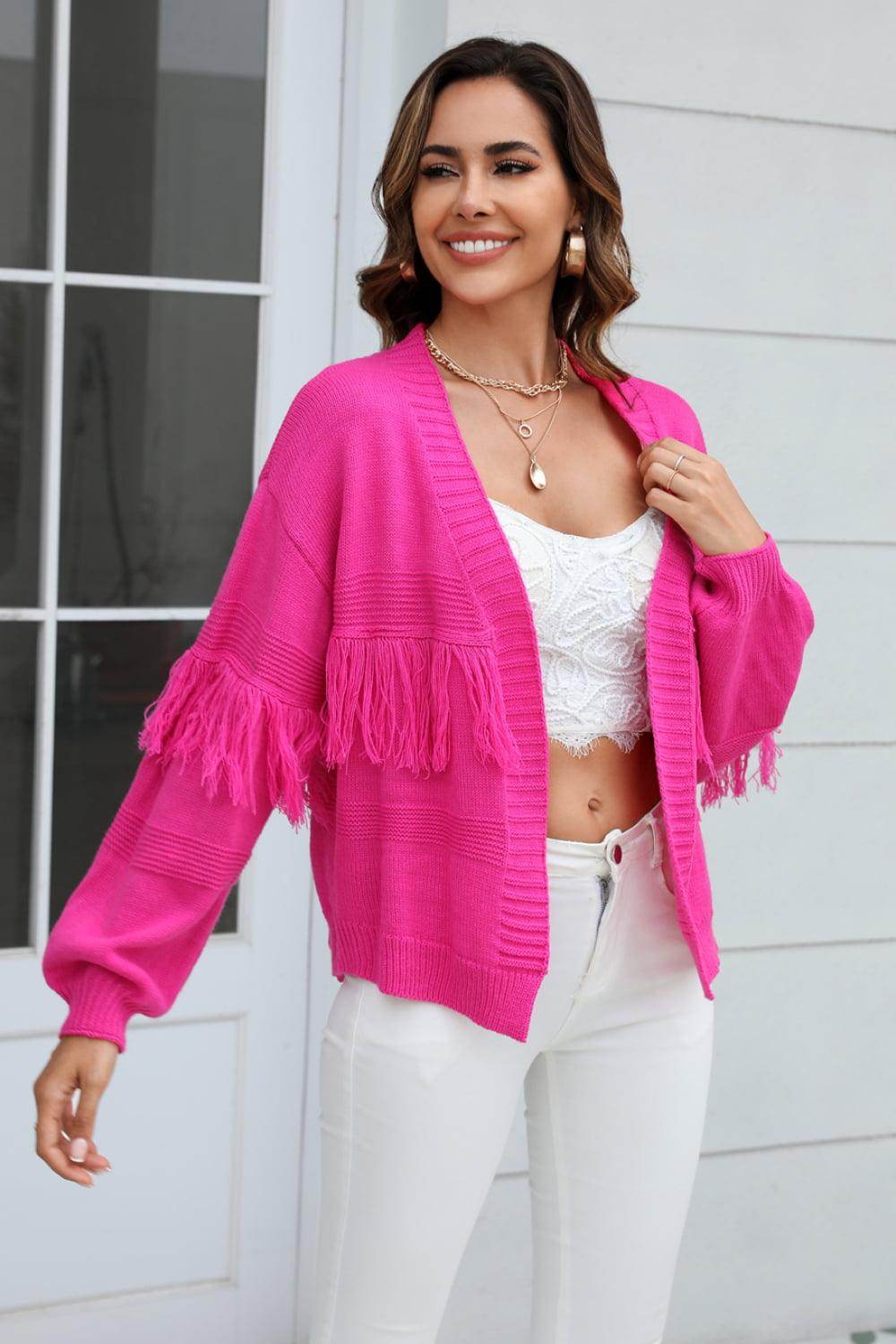 Trendsi women's pink fringe trim cardigan with stylish fringe details and cozy fit for casual wear
