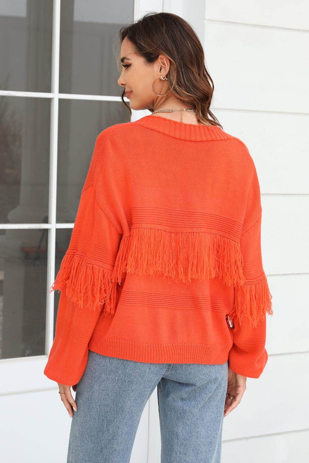 Trendsi Women's Fringe Trim Cardigan in vibrant orange with stylish fringe details on sleeves
