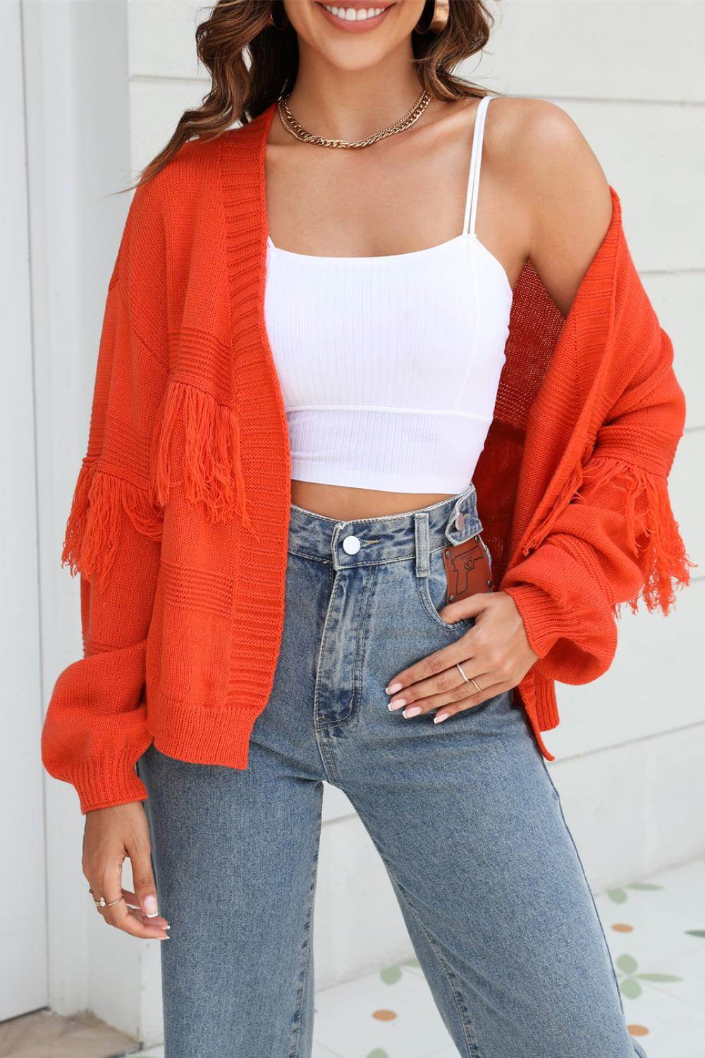 Trendsi Women's Fringe Trim Cardigan in Vibrant Orange with Cozy Knit and Stylish Fringes
