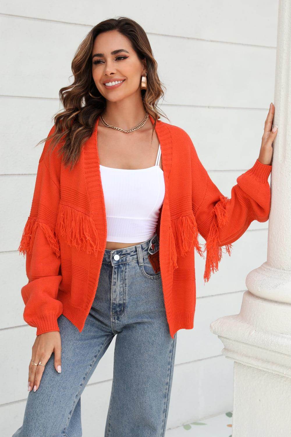 Trendsi women's orange fringe trim cardigan with stylish fringe detail for a trendy look