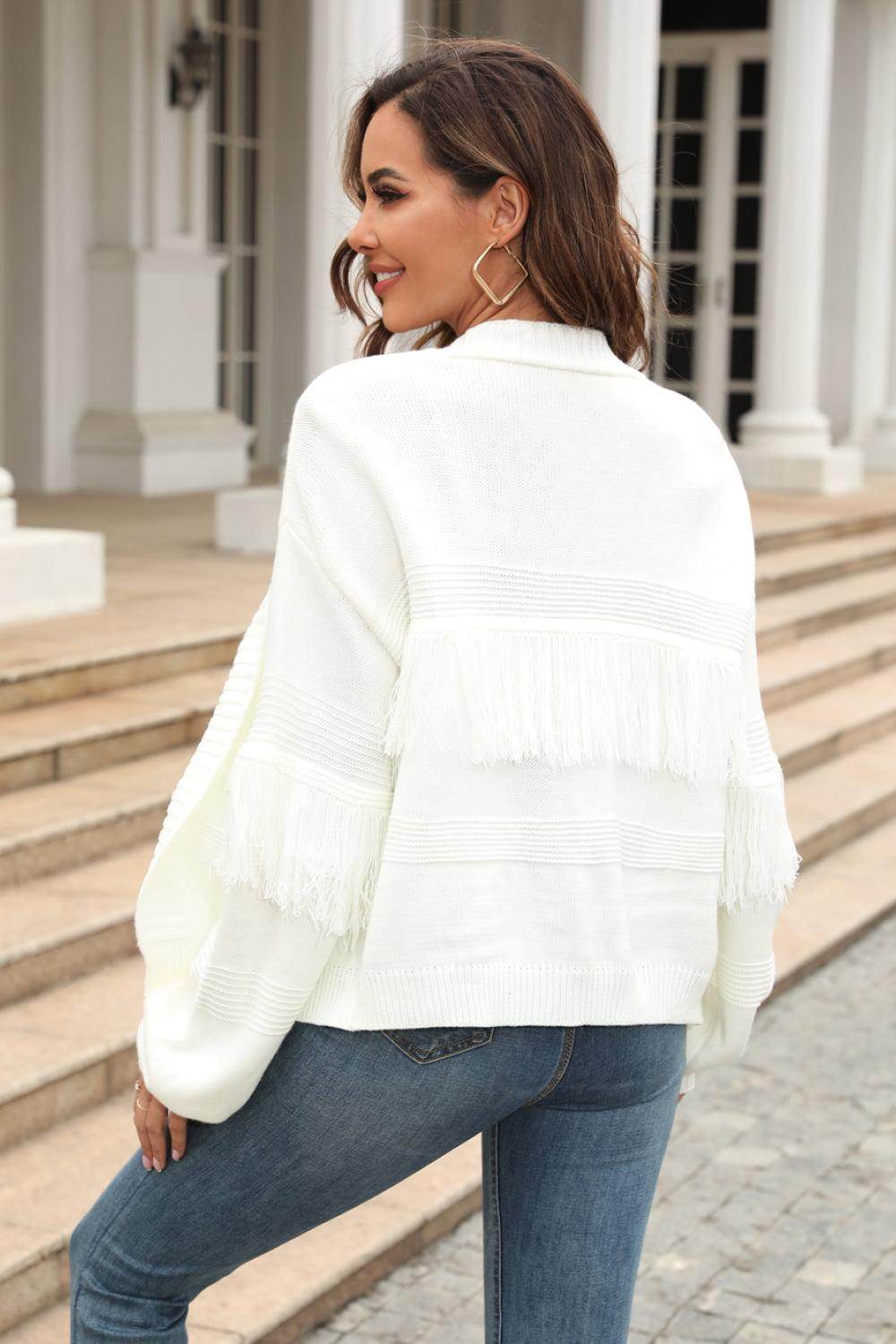 Trendsi women's fringe trim cardigan in white with stylish fringes, perfect for casual outings