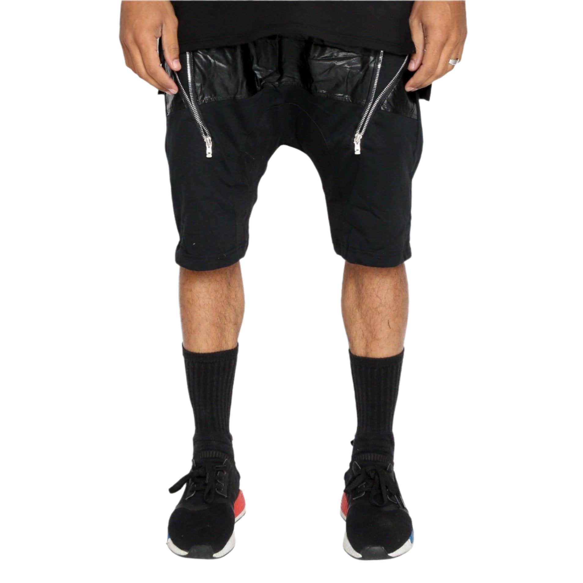 Men's front zip leather shorts with unique design and modern fit for casual wear