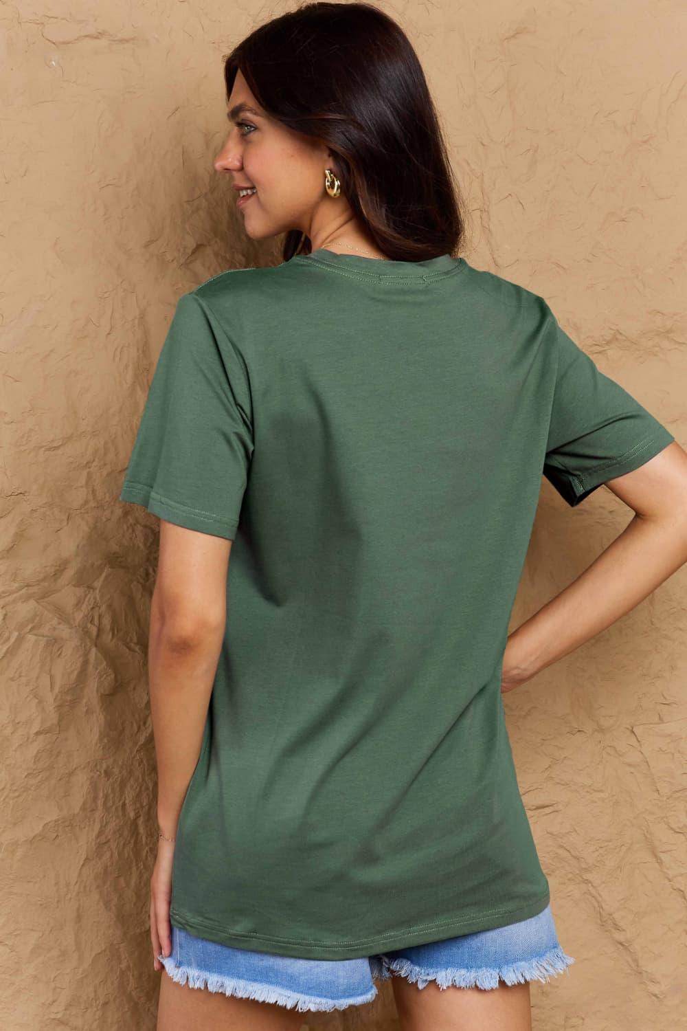 Back view of a women's Full Size Llama T-shirt in olive green, perfect for casual styling