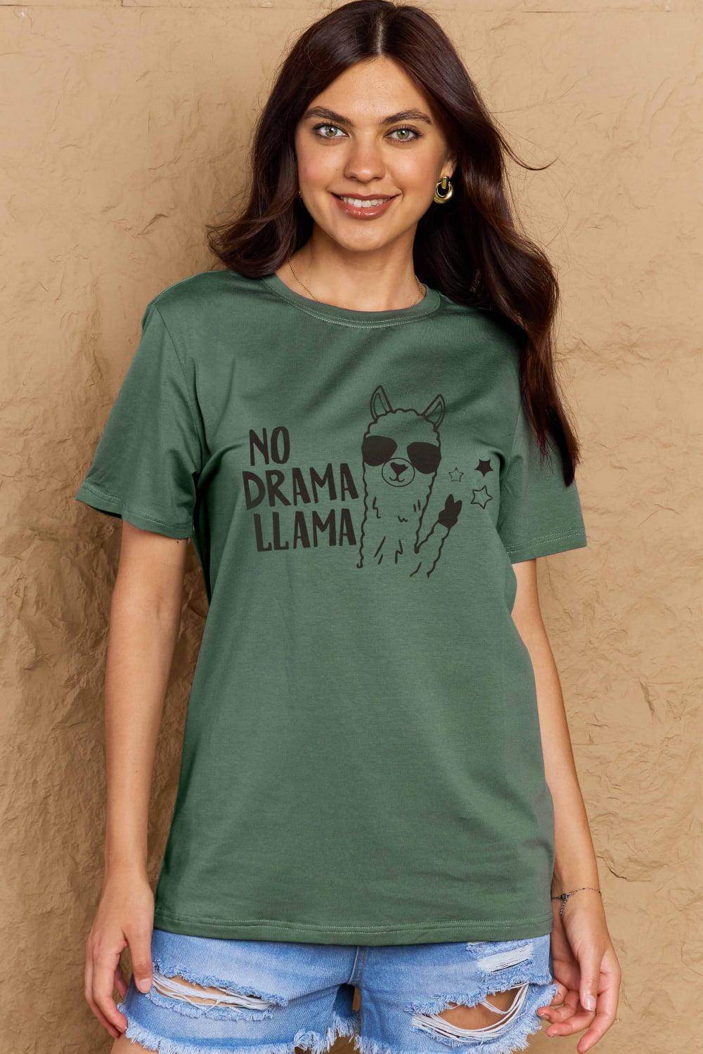 Trendsi Women's Full Size Llama T-shirt in Olive Green with No Drama Llama Graphic Design