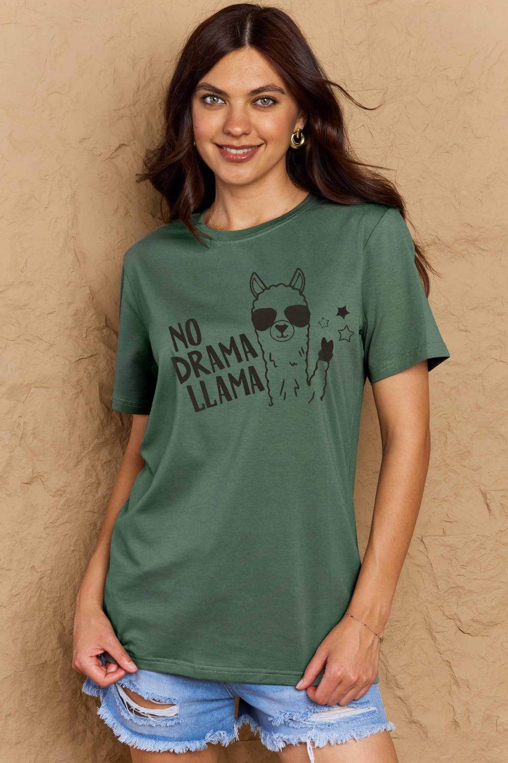 Trendsi Full Size Llama T-shirt in Green featuring a fun llama graphic with the text No Drama Llama