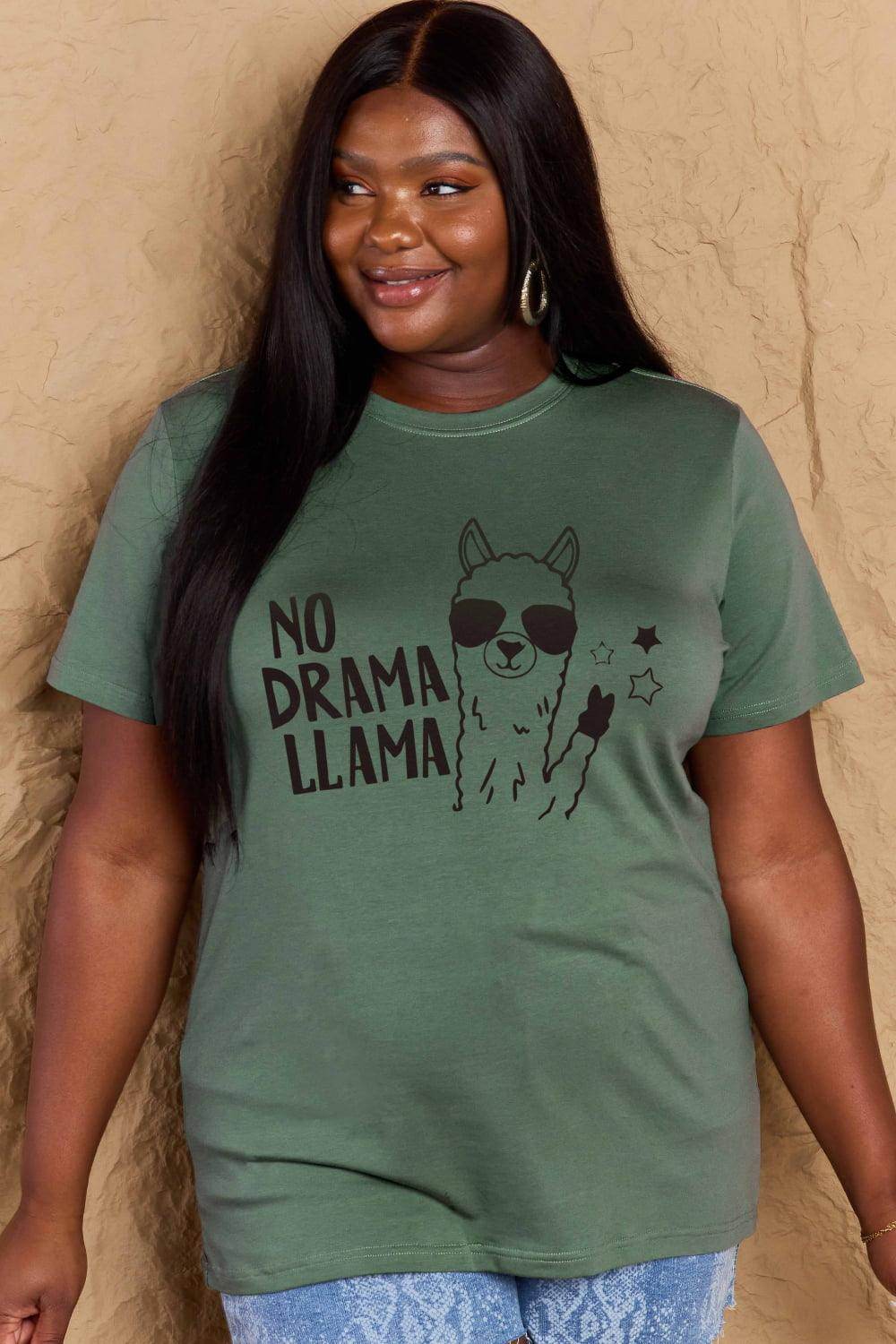 Trendsi Full Size Llama T-shirt in Olive Green with No Drama Llama Graphic Design