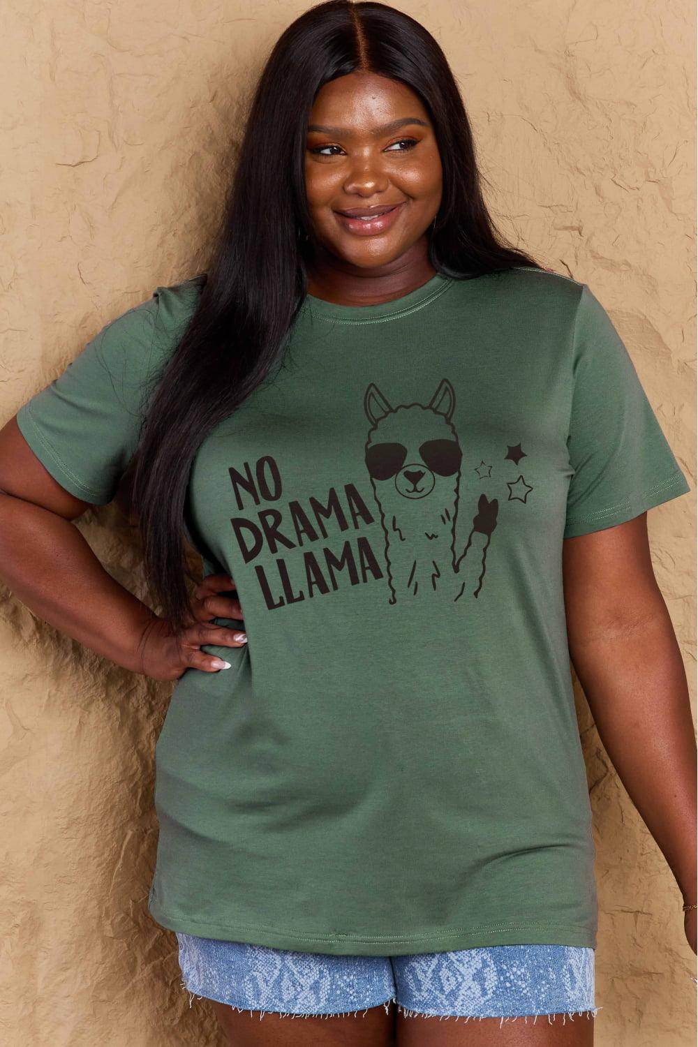 Trendsi Women's Full Size Llama T-shirt in Green with No Drama Llama Graphic Design