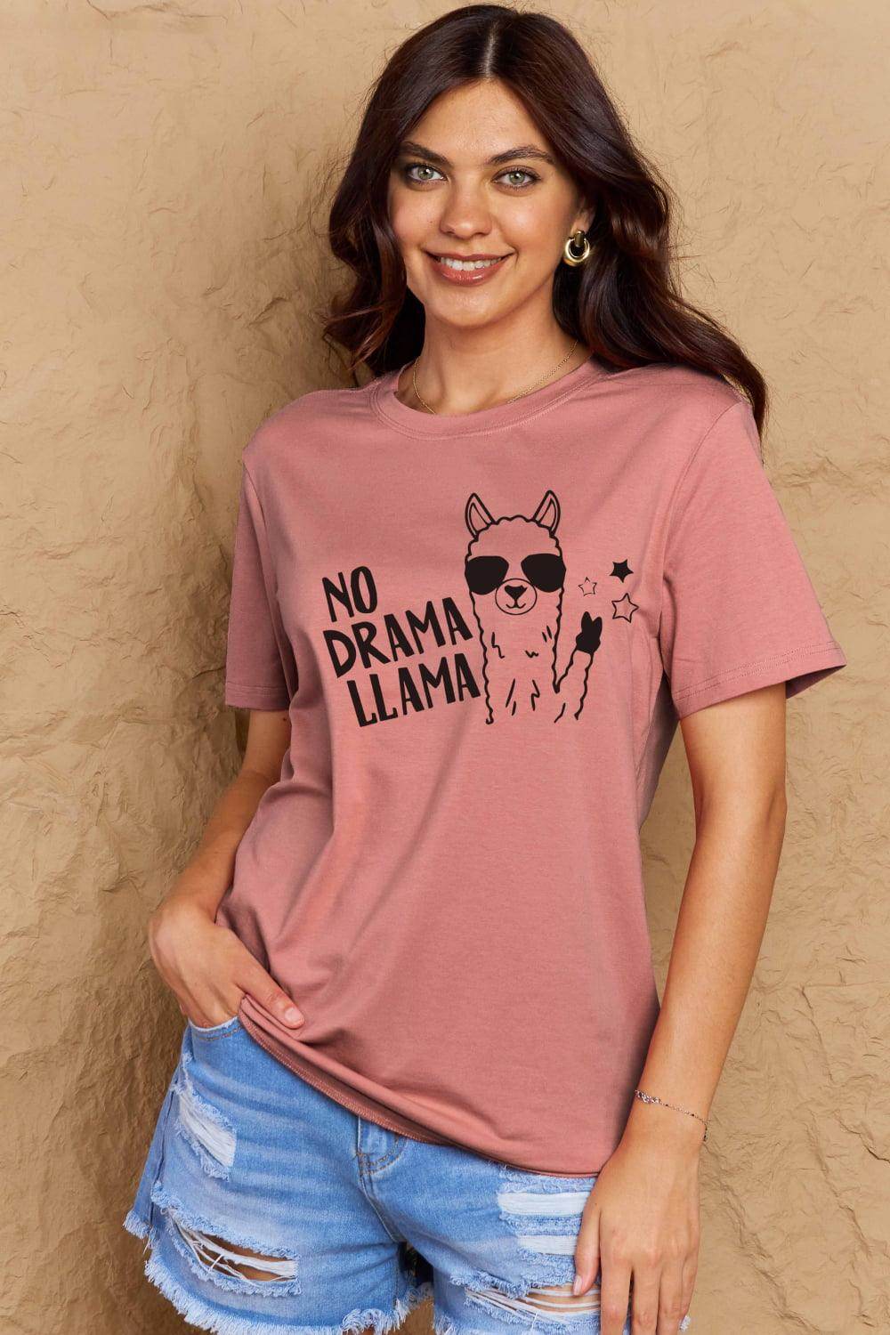Trendsi Full Size Llama T-shirt in Pink with No Drama Llama Graphic Print