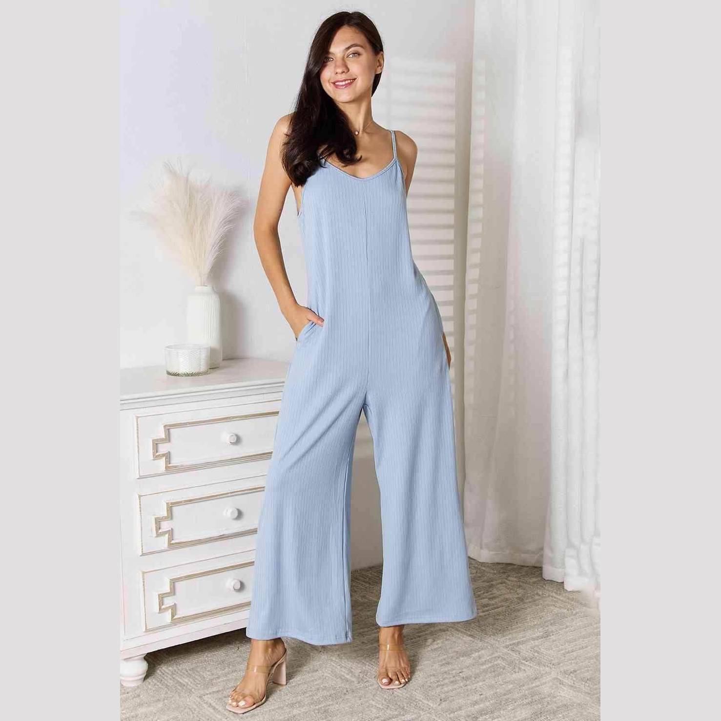 Trendsi full size summer jumpsuit in light blue with a relaxed fit and pockets for effortless style