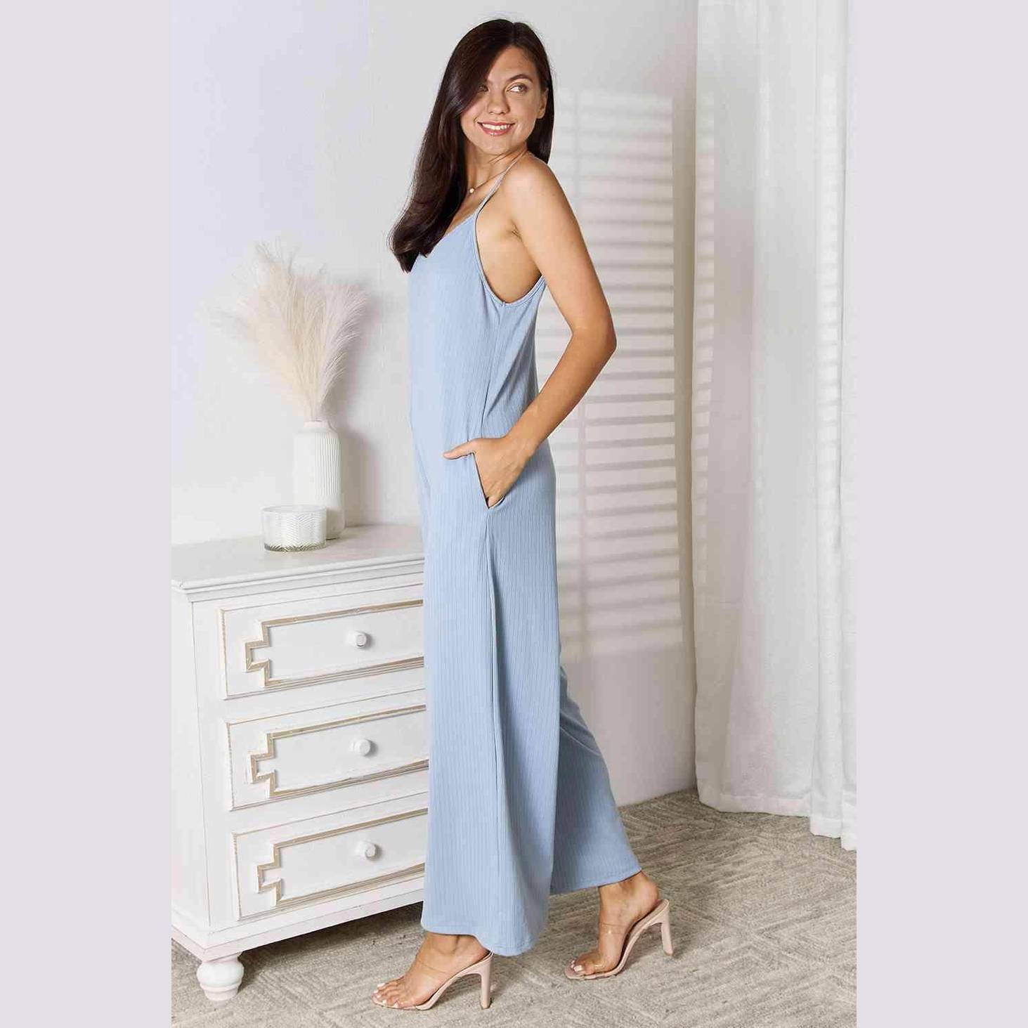 Trendsi stylish full size summer jumpsuit in light blue with adjustable straps and pockets