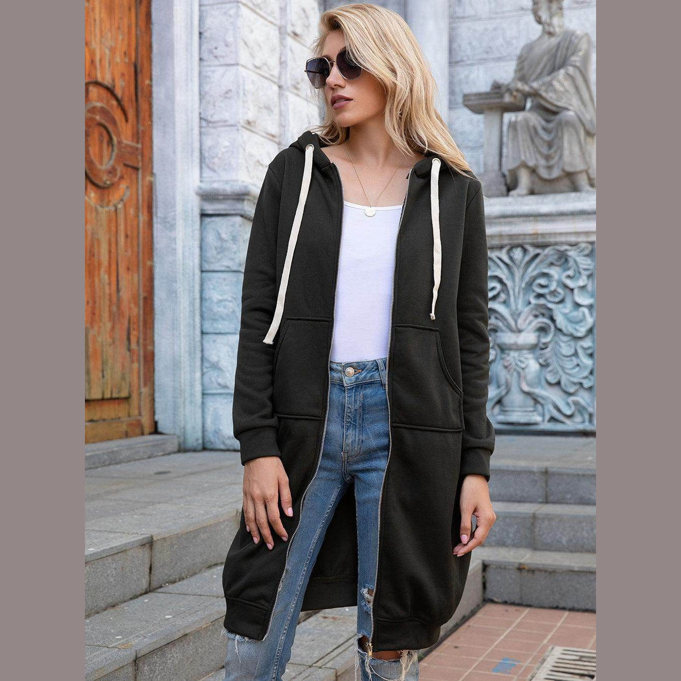 Full Size Zip-Up Longline Hoodie with Pockets - VacationGrabs