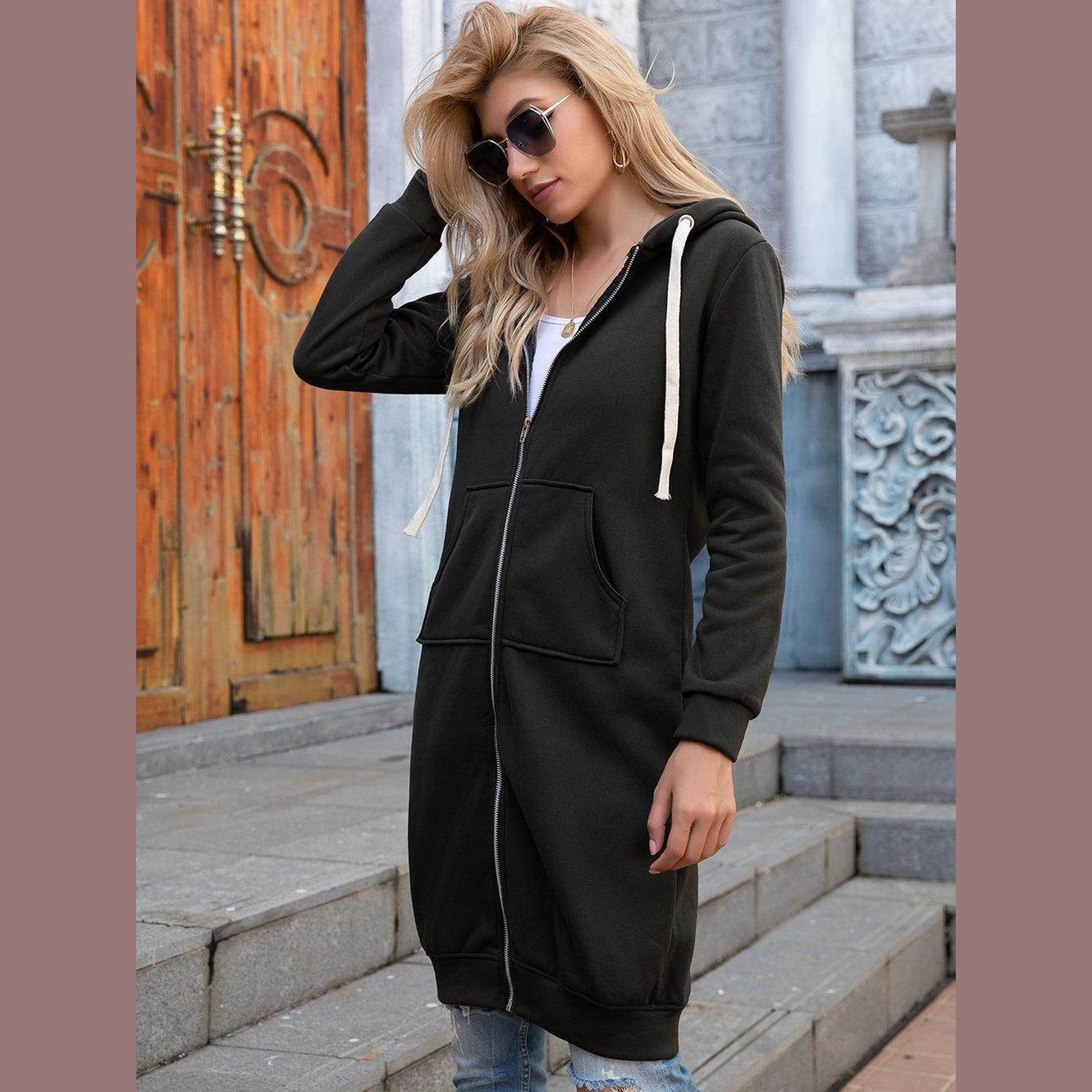 Full Size Zip-Up Longline Hoodie with Pockets - VacationGrabs