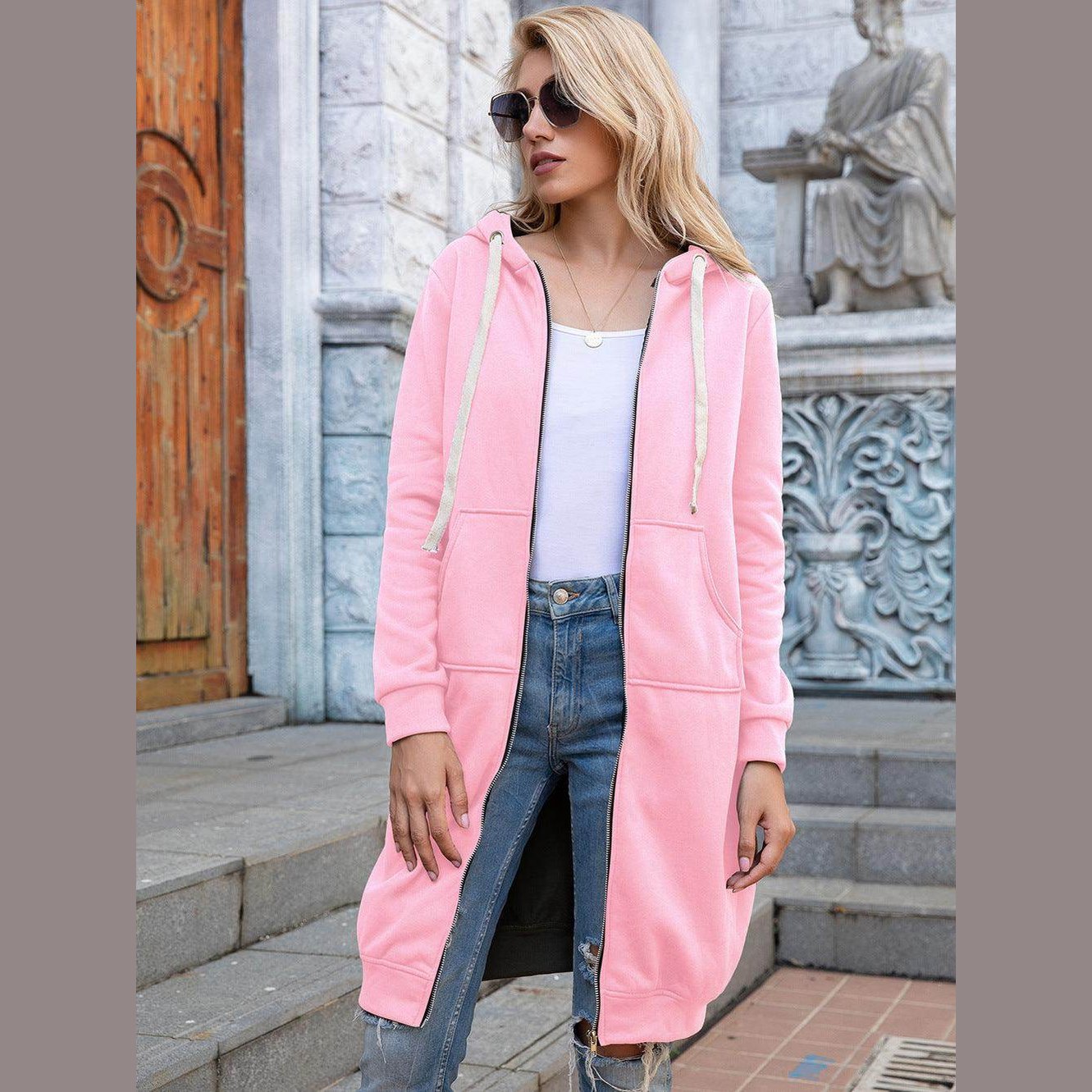 Full Size Zip-Up Longline Hoodie with Pockets - VacationGrabs